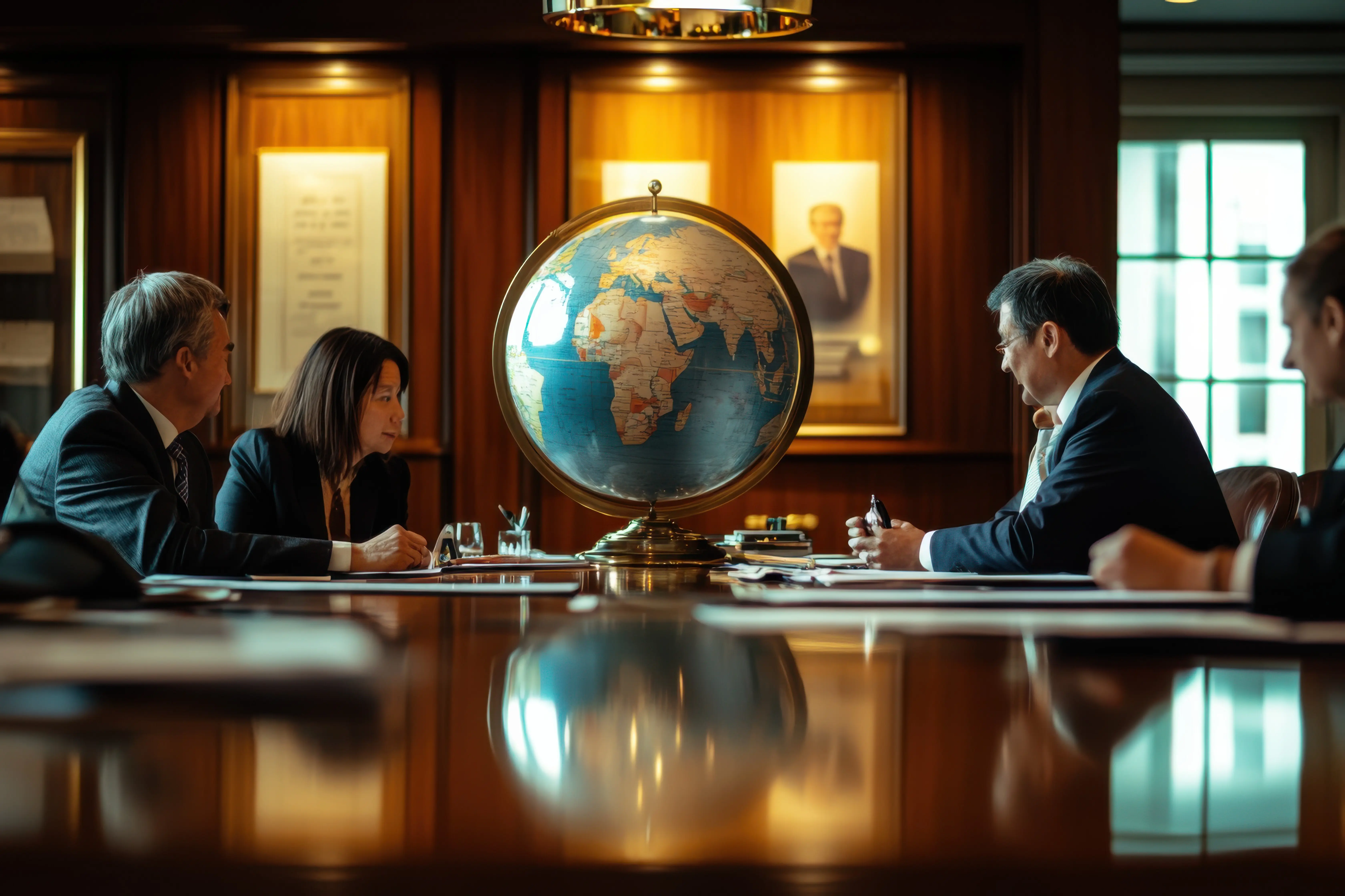 A photograph depicting a global trade team negotiating contracts in a boardroom, emphasizing international cooperation and documents.