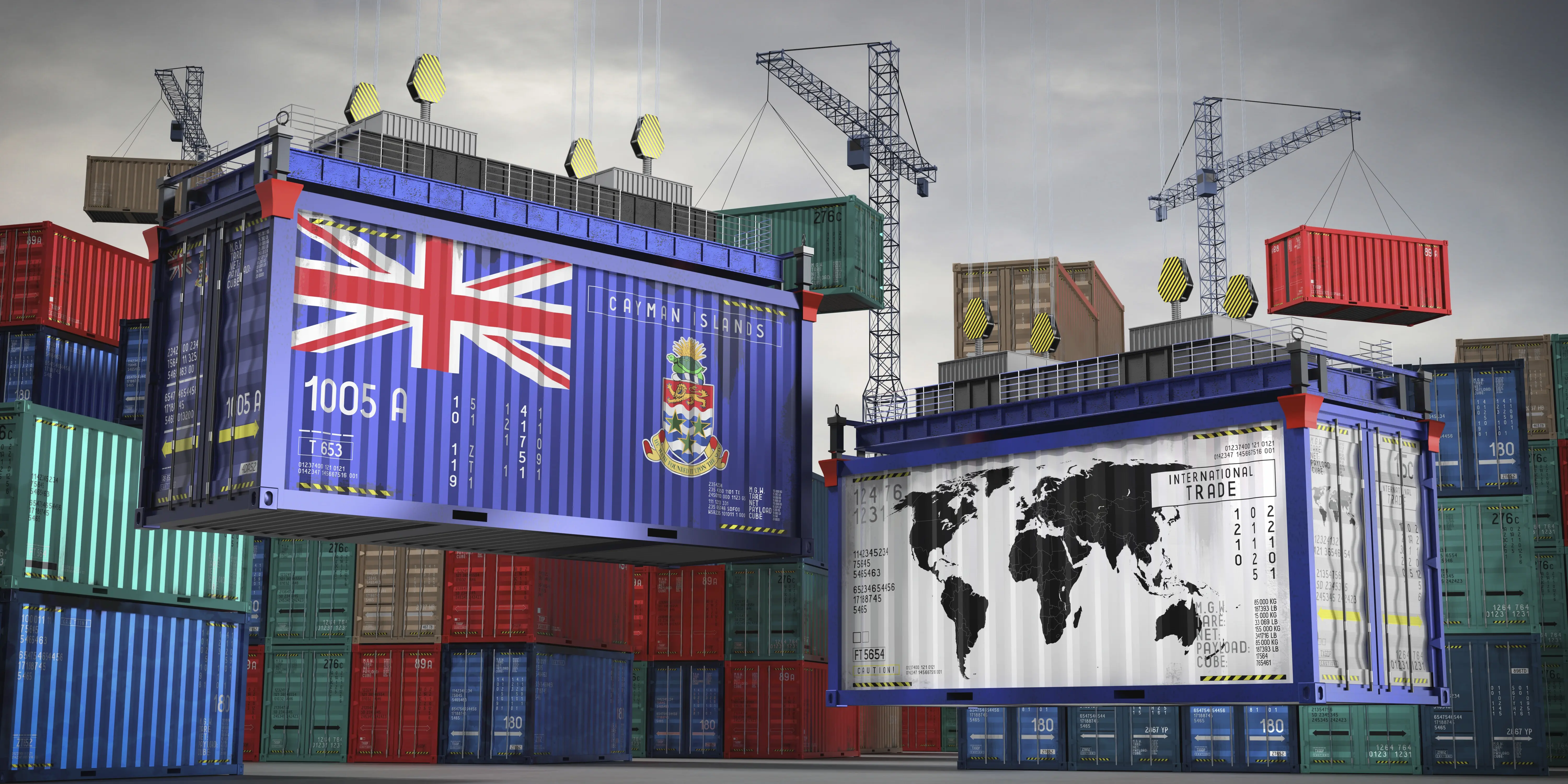 3D illustration of cargo containers displaying the Cayman Islands flags and a world map, representing an international trade concept.
