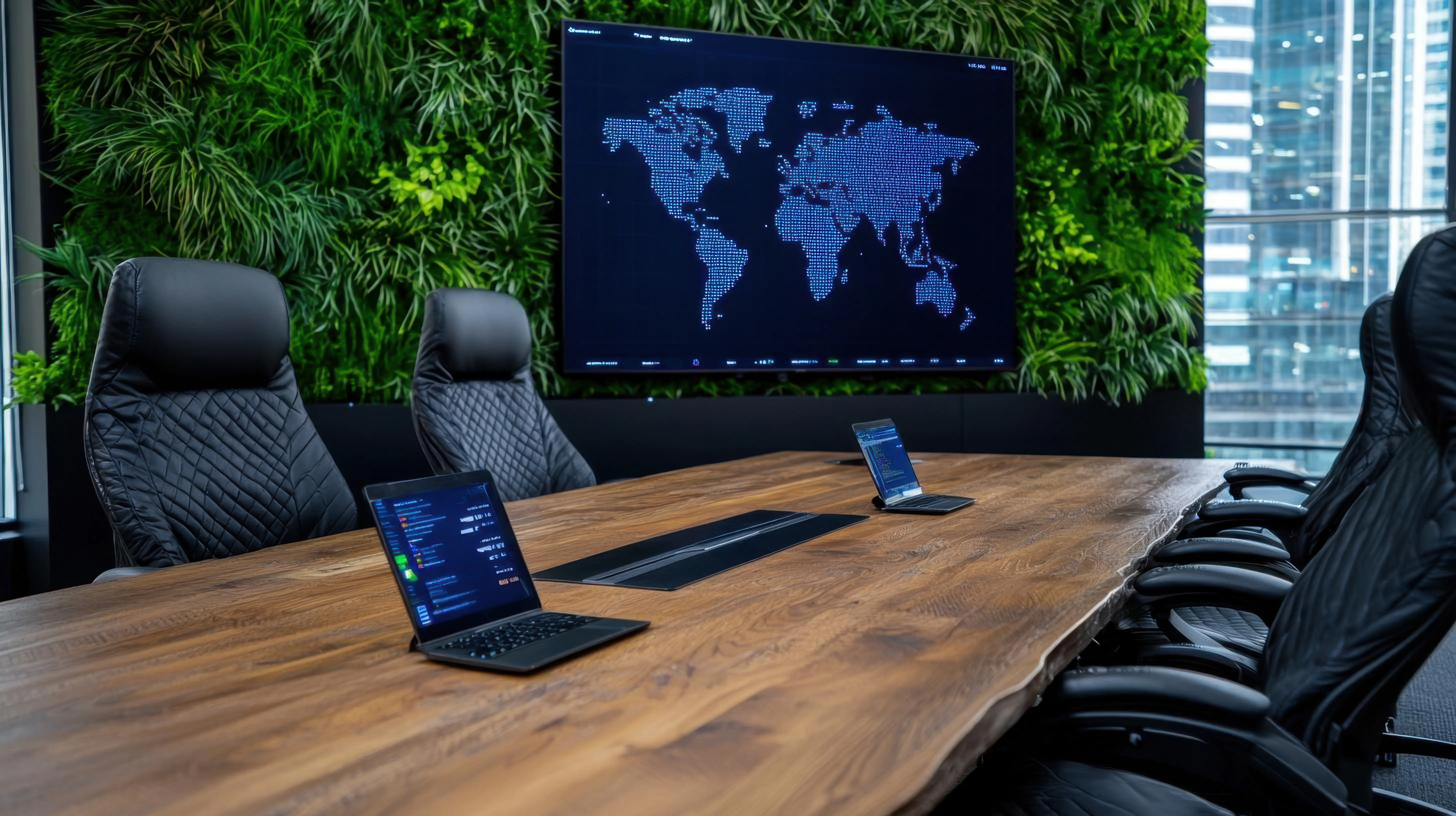 A minimalist design showcasing a corporate meeting table with tech devices showing social media analytics.